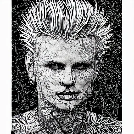 Prompt: Billy Idol, high detail, photorealistic, intricate line drawings, dotart, album art in the style of James Jean