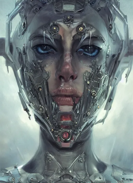 Image similar to symmetry! closeup middle biblical diabolical pirate cyborg girl! stylish armor, heavy eyes to the side, closeup, bright glowing eyes, in clouds, rain, sunset, portrait, by gerald brom, by mikhail vrubel, by peter elson, muted colors, extreme detail, mirrors, trending on artstation, 8 k