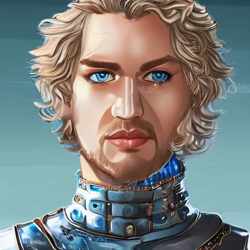 Image similar to portrait, 27 years old man, blue eyes, blond curls, charming, handsome :: rich expensive medieval clothes :: high detail, digital art, fantasy, RPG, concept art, illustration