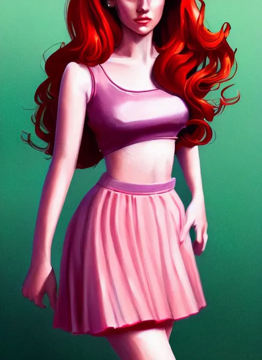 Image similar to full body portrait of teenage cheryl blossom, bangs, green eyes, sultry expression, red hair, sultry smirk, bangs and wavy hair, pink skirt, intricate, elegant, glowing lights, highly detailed, digital painting, artstation, concept art, smooth, sharp focus, illustration, art by wlop, mars ravelo and greg rutkowski