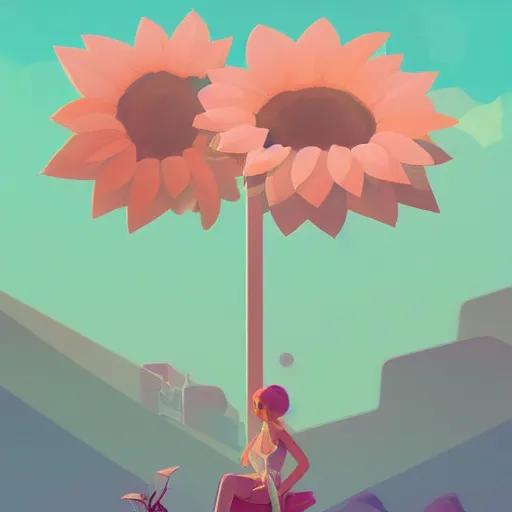 Prompt: beautiful digital sunflower in stunning pink sea, VERY LIGHT pink and blue scheme, isometric, by Anton Fadeev and Simon Stalenhag, trending on artstation, low contrast