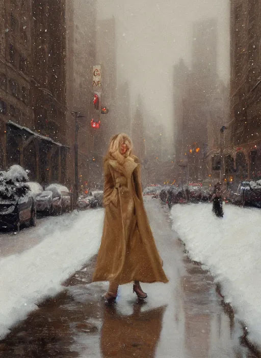 Image similar to emma stone in beige coat, portrait, walking in winter new york, snow, artwork by gaston bussiere, craig mullins, trending on artstation