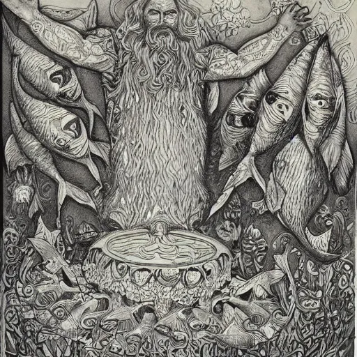 Image similar to lines by louis wain. a experimental art of a mythological scene. large, bearded man seated on a throne, surrounded by sea creatures. he has a trident in one hand & a shield in the other. behind him is a large fish. in front of him are two smaller creatures.