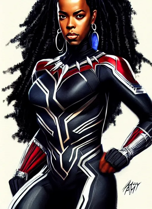 Prompt: full body portrait of marvel cinematic universe aaliyah haughton, black panther, elegant, wakanda, super hero, black outfit, highly detailed!! digital painting, artstation, glamor pose, concept art, sharp focus, illustration, art by artgerm and greg rutkowski, artey freytag