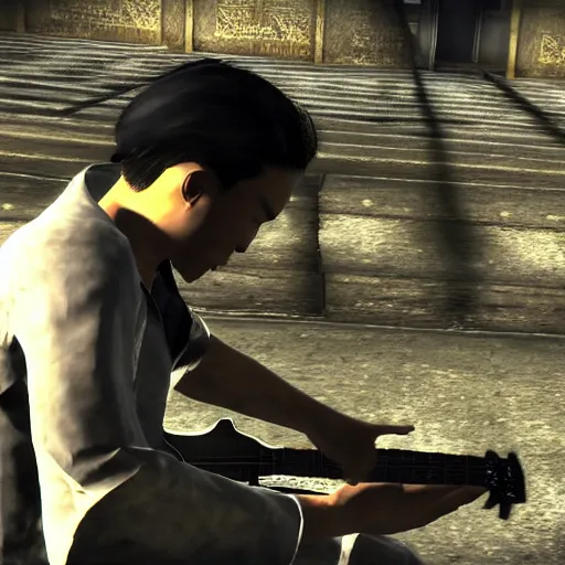 Image similar to Tatsuro Yamashita performs music for a lone child, 3rd person, Fallout New Vegas, with GUI