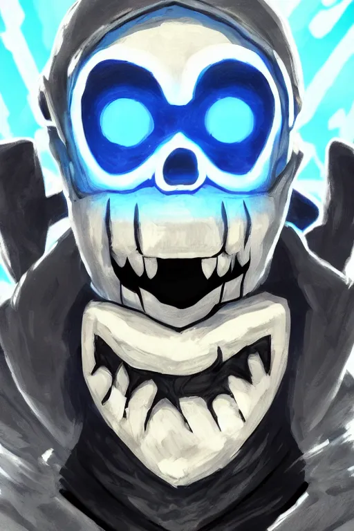 Image similar to an in game portrait of sans from the legend of zelda breath of the wild, breath of the wild art style.