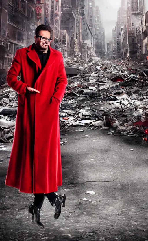 Image similar to cinematic scene of a comedian in red coat performing comedy show on dead bodies in streets of an apocalyptic metropolis destroyed after war, fantasy art, dramatic lighting, insane details