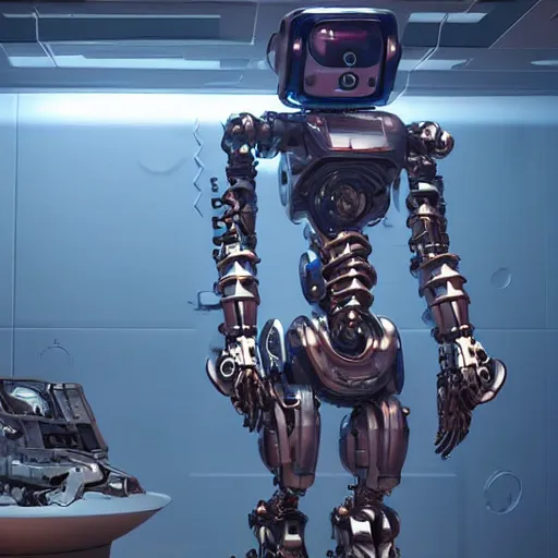 Prompt: lost in space robot, biomechanical mecha chappie, cyberpunk, futuristic, cybernetic, advanced modern vfx, 2 0 2 1 release, screenshot, still