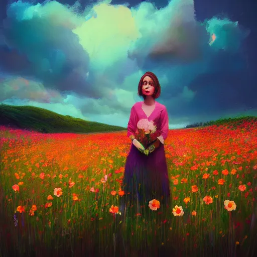 Image similar to flower girl with a flower face, surreal photography, dream, standing in flower field, in a valley, sunrise dramatic light, impressionist painting, colorful clouds, artstation, simon stalenhag