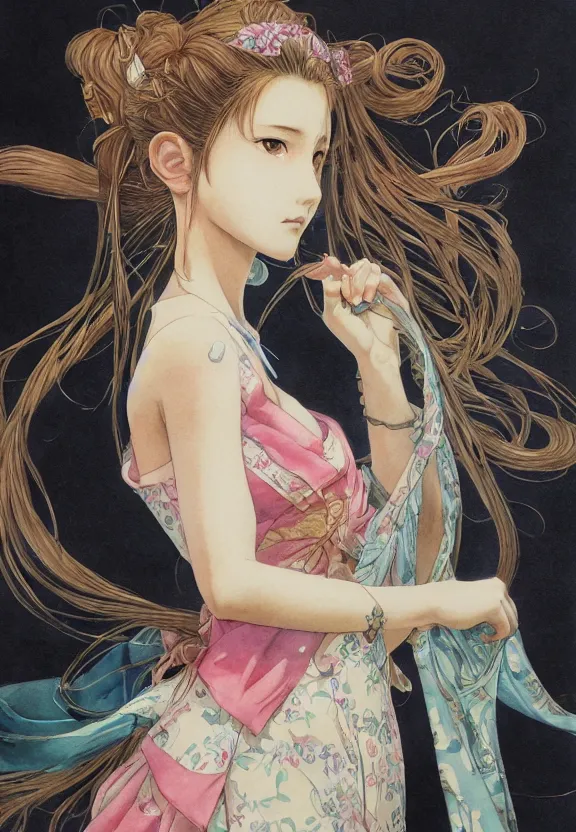 Prompt: aerith gainsborough, watercolor painting, full - body, ukiyo - e, nouveau, concept art, 8 0's fantasy art, yoshitaka amano, highly detailed, intricate, trending on artstation, award - winning