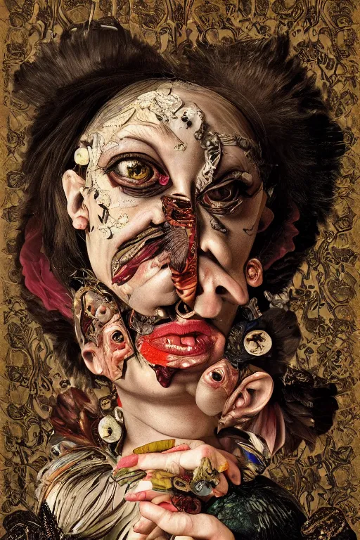 Image similar to Detailed maximalist portrait with large lips and with large eyes, angry, exasperated expression, HD mixed media, 3D collage, highly detailed and intricate illustration in the style of Caravaggio, dark art, baroque