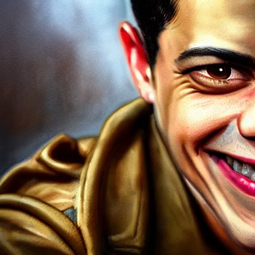 Image similar to A Hearts of Iron IV closeup portrait of a Rami Malek with bulging eyes and a huge smile, riding a tricycle. Dressed in 1980s style. Highly detailed, fine Art, high detail, great lighting, 8k resolution, masterpiece, concept art, illustration, clear eyes, painting oil on canvas, octane render, HDR, trending on artstation, 4k, 8k, HD