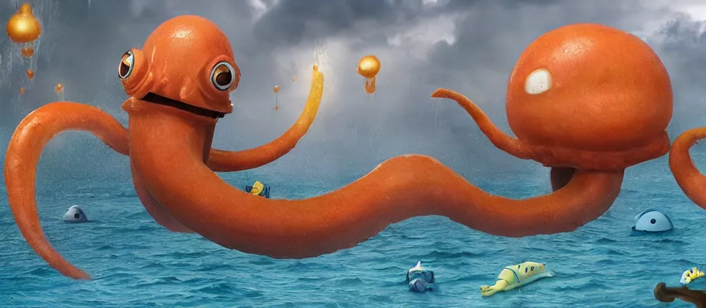 Image similar to A Still of one giant OctoDad emerged from the ocean, water dripping off him, Octodad is gigantic, a tiny boat in the water beneath Octodad, you can see this from the beach looking out into a dark a storming ocean, Movie shot film, gloomy very misty, Octodad is going towards a City, you can see a City next to a Beach