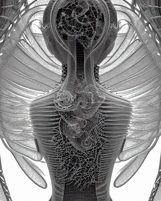 Image similar to mythical dreamy black and white organic bio-mechanical spinal ribbed profile face portrait detail of translucent steampunk bio-mechanical beautiful female angelic-human-queen-vegetal-cyborg, highly detailed, intricate crystal jelly ornate, poetic, 3D render, digital art, octane render, 8K artistic photography, photo-realistic, by Dora Maar