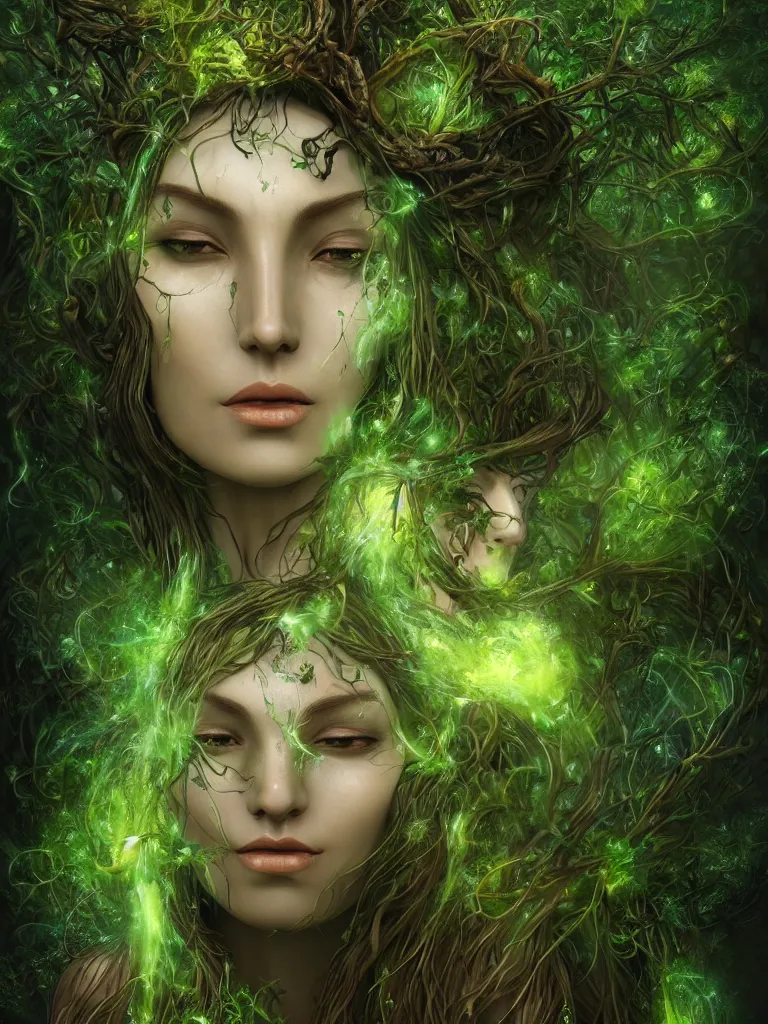 Image similar to an ancient mystical alluring female witch generating flowing energy and surrounded by wisps of green magic sits meditating in a magical overgrown garden temple, face face face, by karol bak, 3 d, cinema 4 d render, trending on artstation