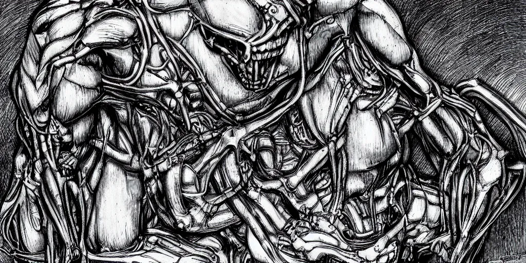 Prompt: enomorph in the style of HR Giger, black and white pen and ink, movie scene