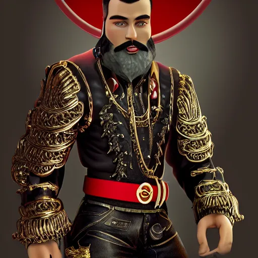 Prompt: a highly detailed full-length man with dark brown short hair, a dark beard, in black and red clothes, with a gold chain and a gold belt, artstation, DeviantArt, professional, octane render