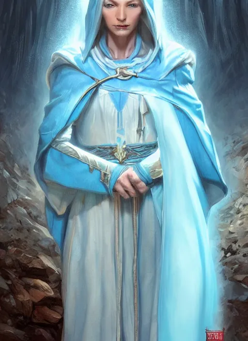 Image similar to light blue cloak female priest, ultra detailed fantasy, dndbeyond, bright, colourful, realistic, dnd character portrait, full body, pathfinder, pinterest, art by ralph horsley, dnd, rpg, lotr game design fanart by concept art, behance hd, artstation, deviantart, hdr render in unreal engine 5