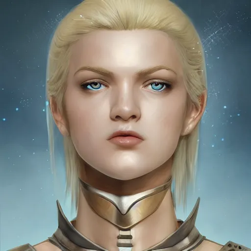 Image similar to fantasy RPG symmetrical portrait, centered shoulders up view, young blonde woman, blonde hair, blue eyes, level 1 plate armour, pale skin, 4k, by wlop, artgerm, andrei riabovitchev, nuri iyem, james gurney, james jean, greg rutkowski, highly detailed, soft lighting 8k resolution