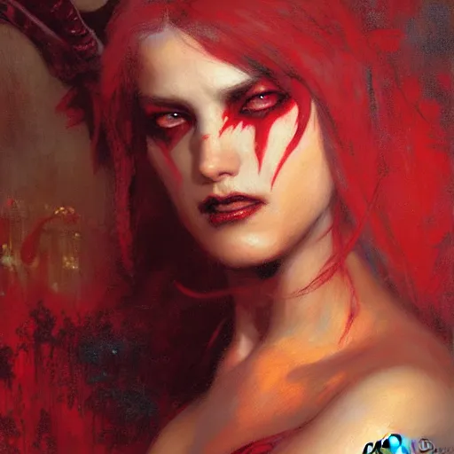 Image similar to attractive demon queen with red eyes, painting by gaston bussiere, craig mullins