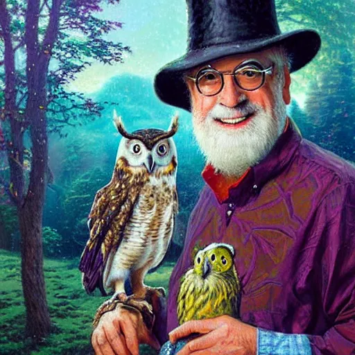 Prompt: portrait of Terry Pratchett smiling with an owl, colourful by Thomas Kinkade, detailed, beautiful composition, oil painting