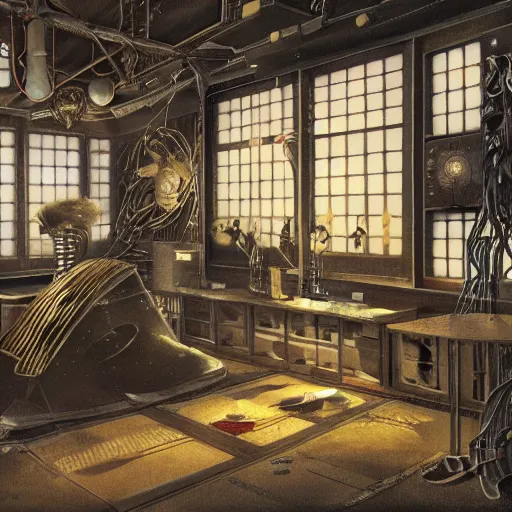 Prompt: detailed painting of a japanese repair shop interior room with celestial ephemeral ornaments and hr giger architecture, artstation, greg crewdson, cinematic