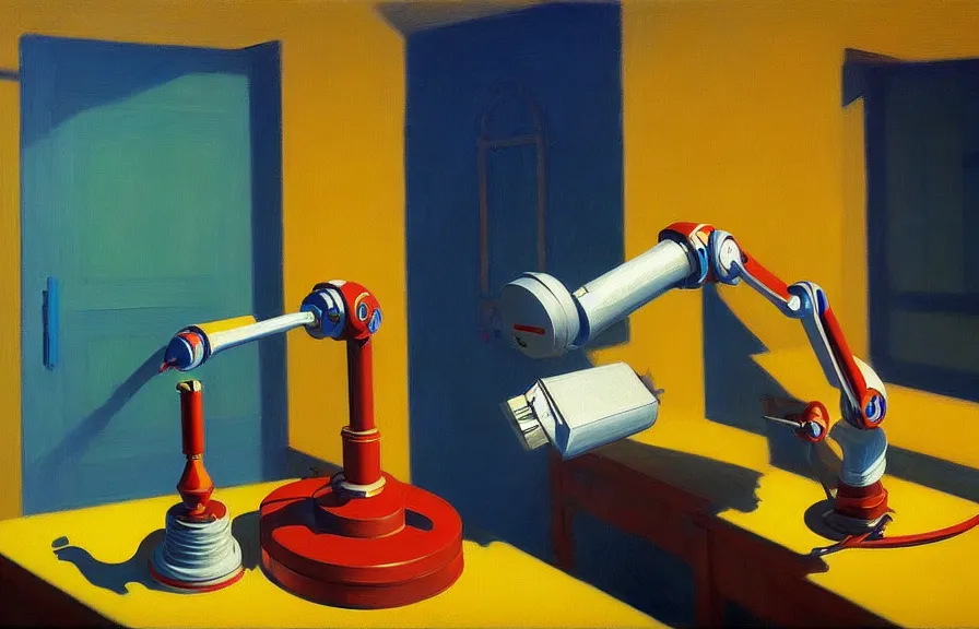 Image similar to beautiful illustration of a robotic arm painting with a paintbrush on a canvas by Edward Hopper, clean lines, very detailed, colorful octane render