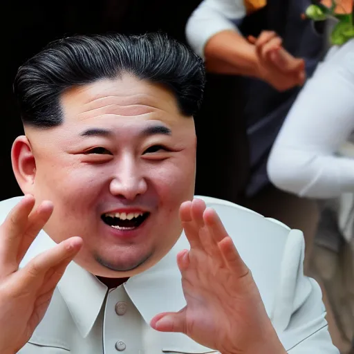 Image similar to happy kim jon - un eating spanish potato omelette