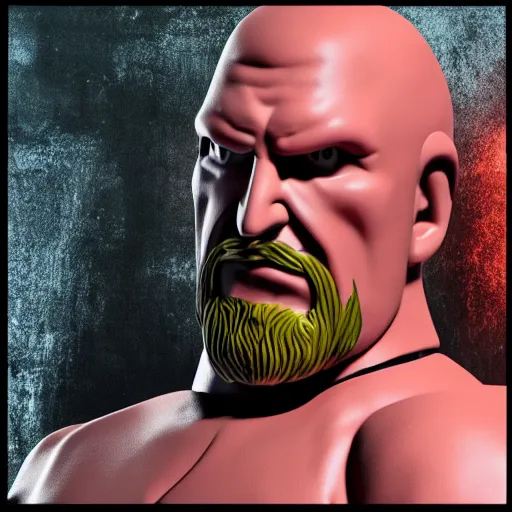 Prompt: Head-to-shoulder shot of a Triple H vinyl figure as a villain, 3d, high quality, depth of field, high contrast, 8k, concept art