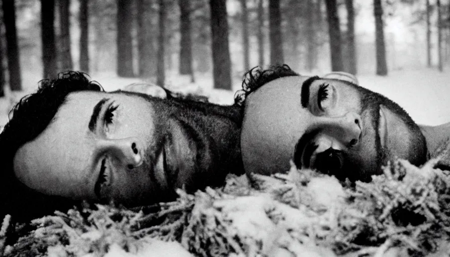 Prompt: 1 9 6 0 s movie still close up of a skinny emperor marcus aurelius with frozen face, laying down on the danube's shore pine forests, cinestill 8 0 0 t 3 5 mm b & w, high quality, heavy grain, high detail, cinematic composition, dramatic light, anamorphic, hyperrealistic, very foggy, by irving penn