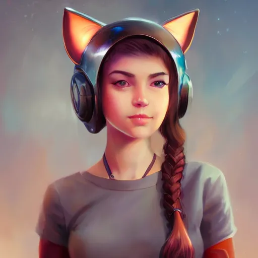 Image similar to full portrait of a cute young woman with robot ears, 4k, sharp focus, Andreas Rocha