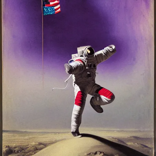 Image similar to A beautiful experimental art of a astronaut standing on a planet with a flag in the background. electric purple, crazing by Sabbas Apterus, by Eadweard Muybridge stormy