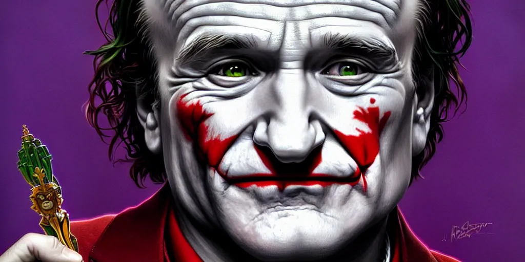 Image similar to robin williams as the joker, cinematic, highly detailed, digital painting, artstation, concept art, matte, sharp focus, illustration, art by artgerm and greg rutkowski and alphonse mucha