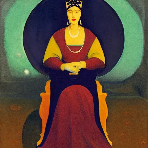 Image similar to an illustration of a queen on a throne at night by nicholas roerich, by johann heinrich fussli, by georgia o keeffe, realistic, detailed, oil painting