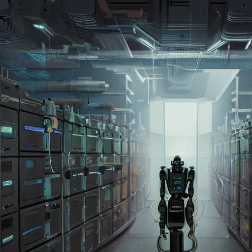 Image similar to a digital art of robot power armor in server room by simon stalenhag character design, robot in data center, trending on artstation, 8 k, ultra wide angle, zenith view, pincushion lens effect