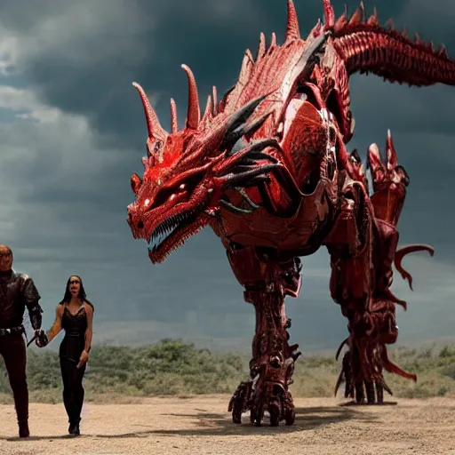 Image similar to cinematic still of westworld, a full body red stunning intricate si - fi robotic fantasy dragon, well armored mech dragon, highly detailed