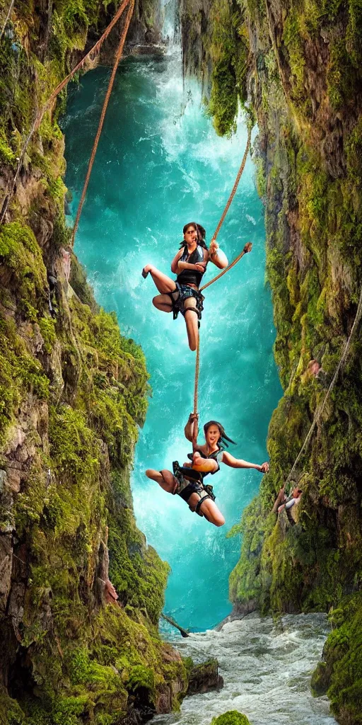 Image similar to extremely angry looking Lara Croft jumping from a rope swinging over a roaring ancient river, bright blue water, mossy rock, created by Lilia Alvarado