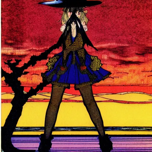 Image similar to kirisame marisa, sunset, artwork by Harry Clarke, touhou, official artwork