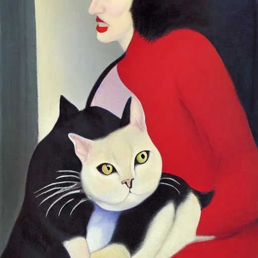 Image similar to a painting of a middle aged woman in a red dress has a cat sitting on her shoulder, by christian schad