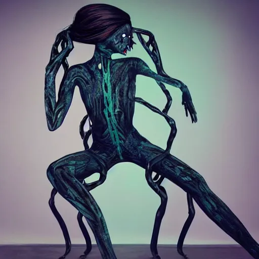 Image similar to A beautiful art installation of a human figure. The figure is shown in a contorted state, with their limbs and torso twisted in a seemingly impossible way. The figure is also shown with a number of facial piercings, and their eyes are rolled back in their head, giving them a wild and maniacal appearance. blue-green, jet black by Stephan Martinière, by Jan van Eyck tender