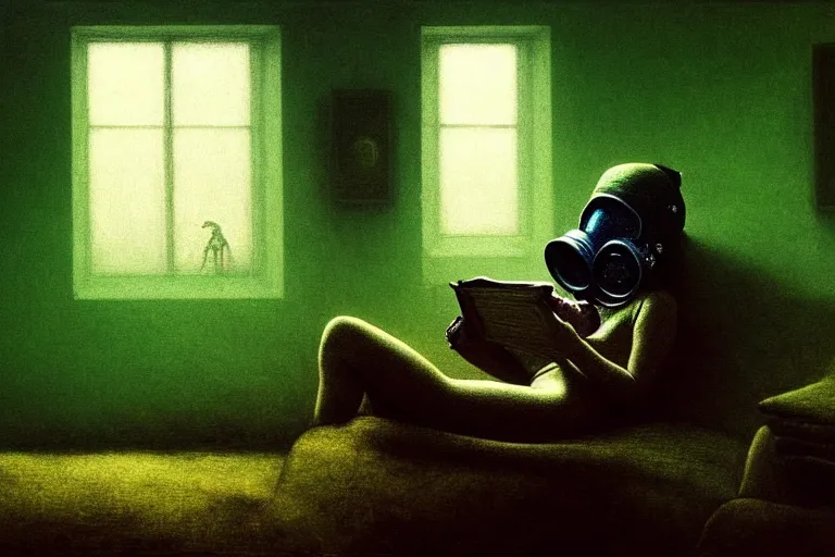 Prompt: girl with wearing a gas mask lying on the sofa reading a book in her room, in the style of beksinski, naturecore, atmospheric, intricate and epic composition, green by caravaggio, insanely quality, highly detailed, masterpiece, white light, artstation, 4 k