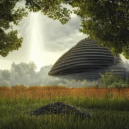 Prompt: a biotech organic living architectural building which is placed in the middle of a very detailed landscape populated insects living in harmony with nature, photorealistic, 3d, Octane Render, Cinematica, perfect lightning