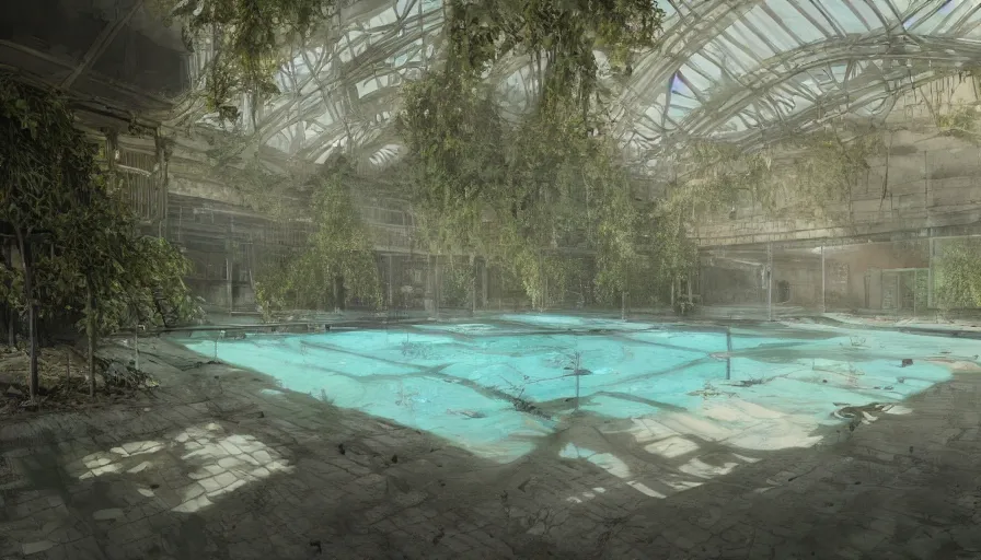 Prompt: Concept art of a dusty abandoned indoor pool in London covered by vegetation, raining outside, hyperdetailed, artstation, cgsociety, 8k