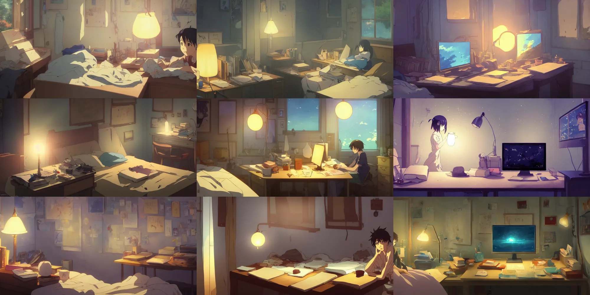 Prompt: painting of a beautiful cinematic close up of the main character's atmospheric bedroom in the anime film by makoto shinkai and studio ghibli; cinematic lighting, lamplight, lit by a computer monitor; a computer desk, (books), messy clothes, anime lover, posters, toys, screenshot from the makoto shinkai anime
