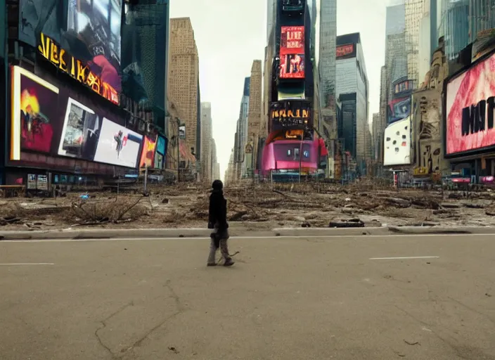 Image similar to film still of post apocalyptic empty time square, overgrown with wildlife walking through in the new sci - fi movie, 8 k