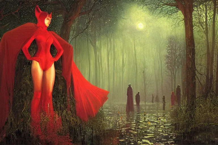 Image similar to the scarlet witch awaits her pursuers, victorian hunters, night time, deep forest, highly detailed, focus, mist nizovtsev, victor