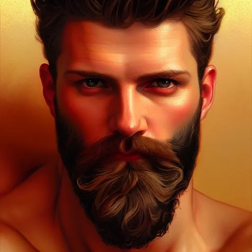 Image similar to portrait of a heavenly god, male, red and white and gold, masculine, beard, upper body, muscular, fantasy, intricate, elegant, dramatic lighting, highly detailed, digital painting, artstation, concept art, matte, sharp focus, illustration, art by artgerm and greg rutkowski and alphonse mucha