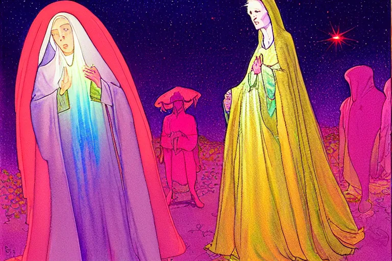 Prompt: a hyperrealist watercolour character concept art portrait of the blessed mary in rainbow gown on well lit night in las vegas, nevada. there is a ufo. neon roses. by rebecca guay, michael kaluta, charles vess and jean moebius giraud