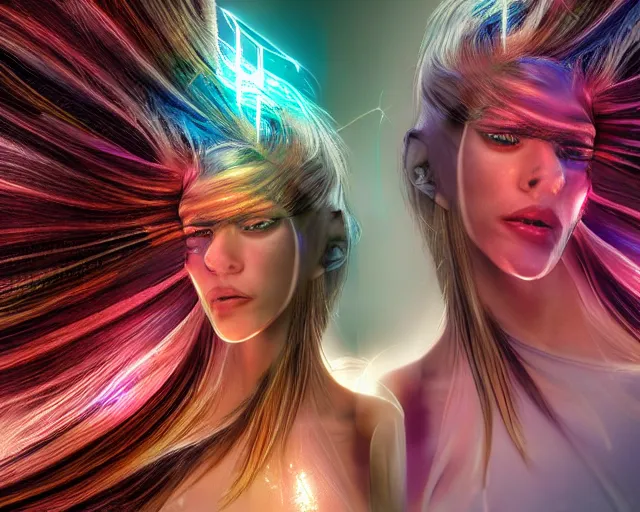 Image similar to cyberhair, complex cyberneticbeings, beautiful hairy cyberhumanoids, cybermagnetosphere, cybernetic ornate hair, love, joy, vortexes, large cyberarrays data holograms, 8 k, ultra hd, light shadows, wet hdr refractions, *, * * *, * * * * *