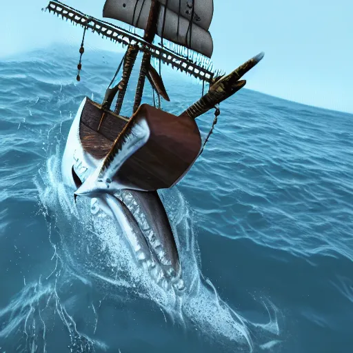 Prompt: 3D render of a pirates ship being hit by a giant shark